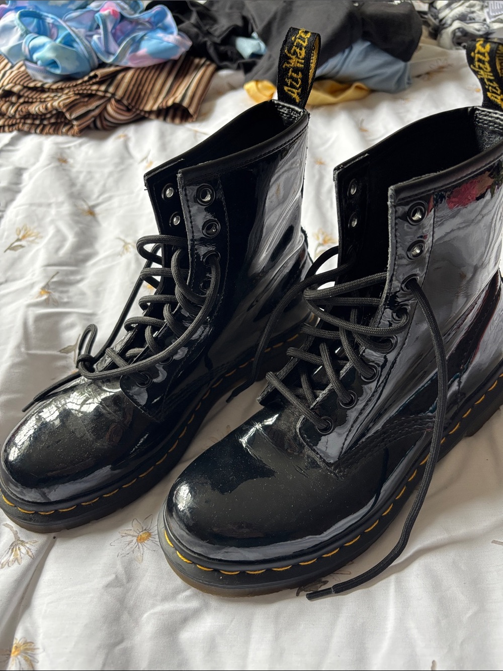 Dr. Martens Black Patent Leather Lace-Up Boots with Yellow Stitching - Picture 2 of 5